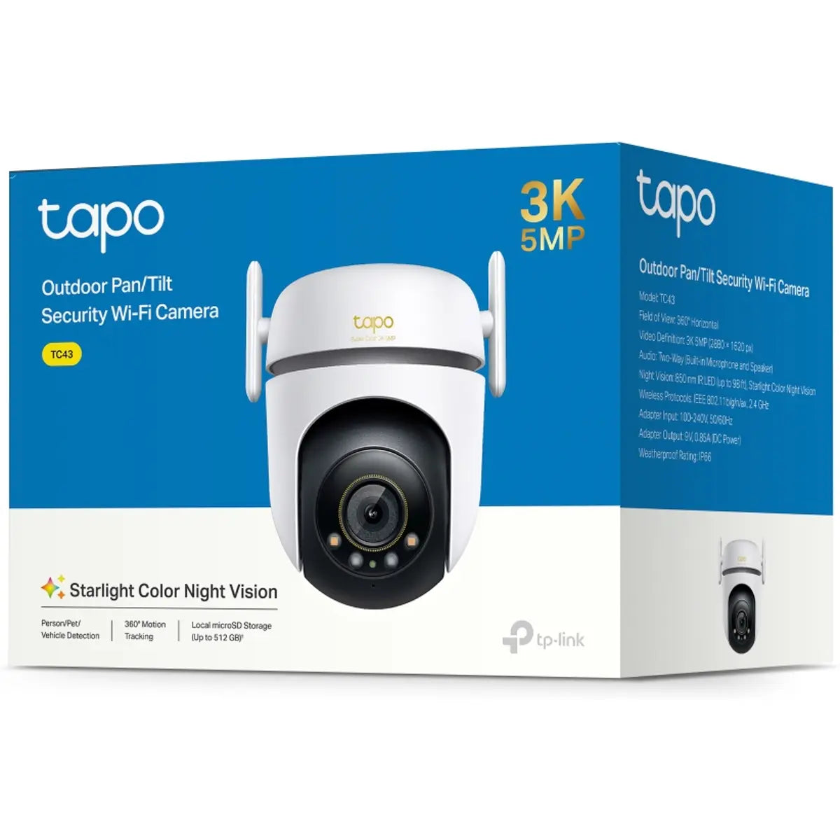 TP-Link Tapo TC43 - Câmara de vigilância IP (WiFi / Ethernet) Motorizada Pan/Tilt 5Mpx 3K 3.2mm IR 29.9m - IP66