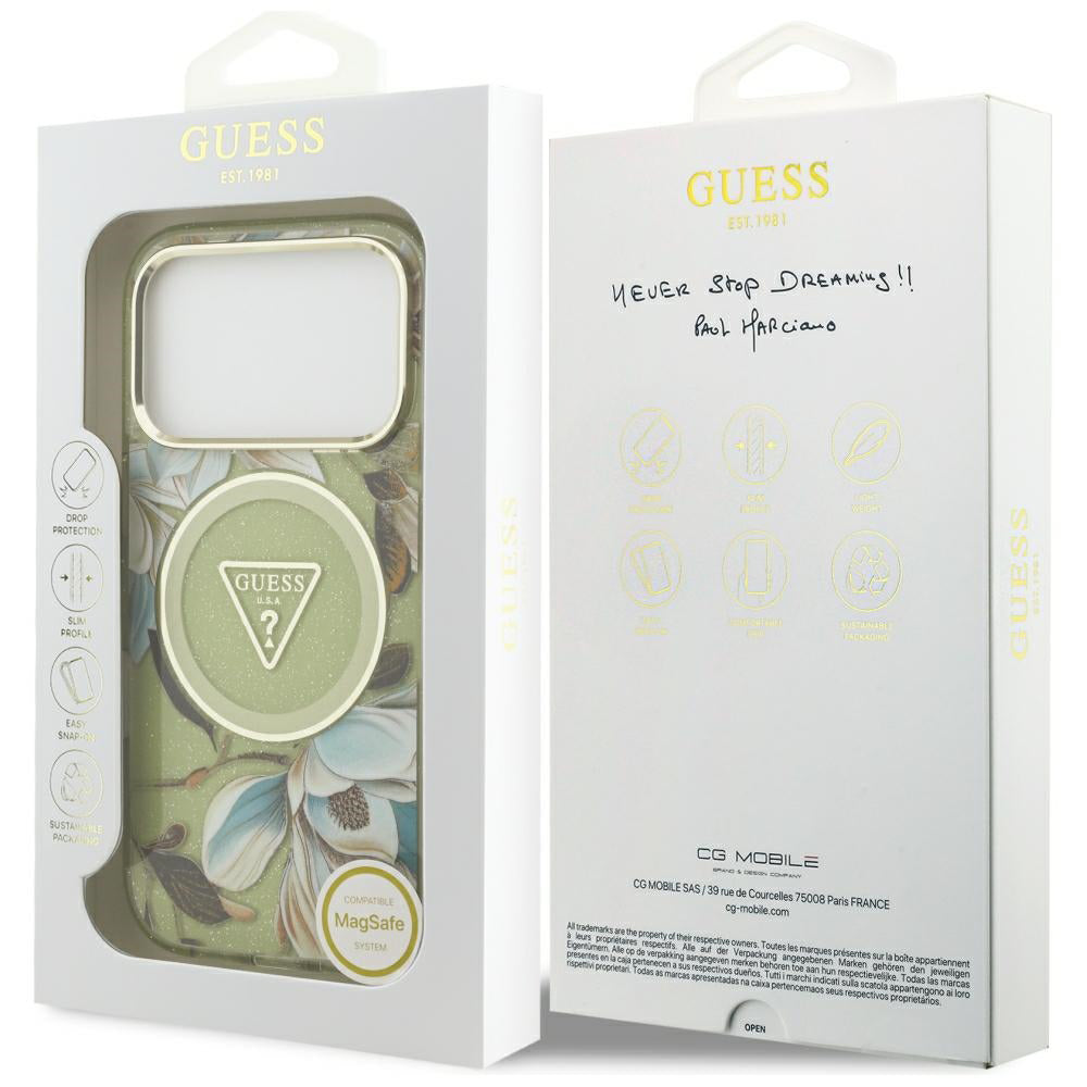 Capa Guess IML Glitter Flowers Triangle MagSafe - iPhone 17 Pro / 18 Pro - Verde