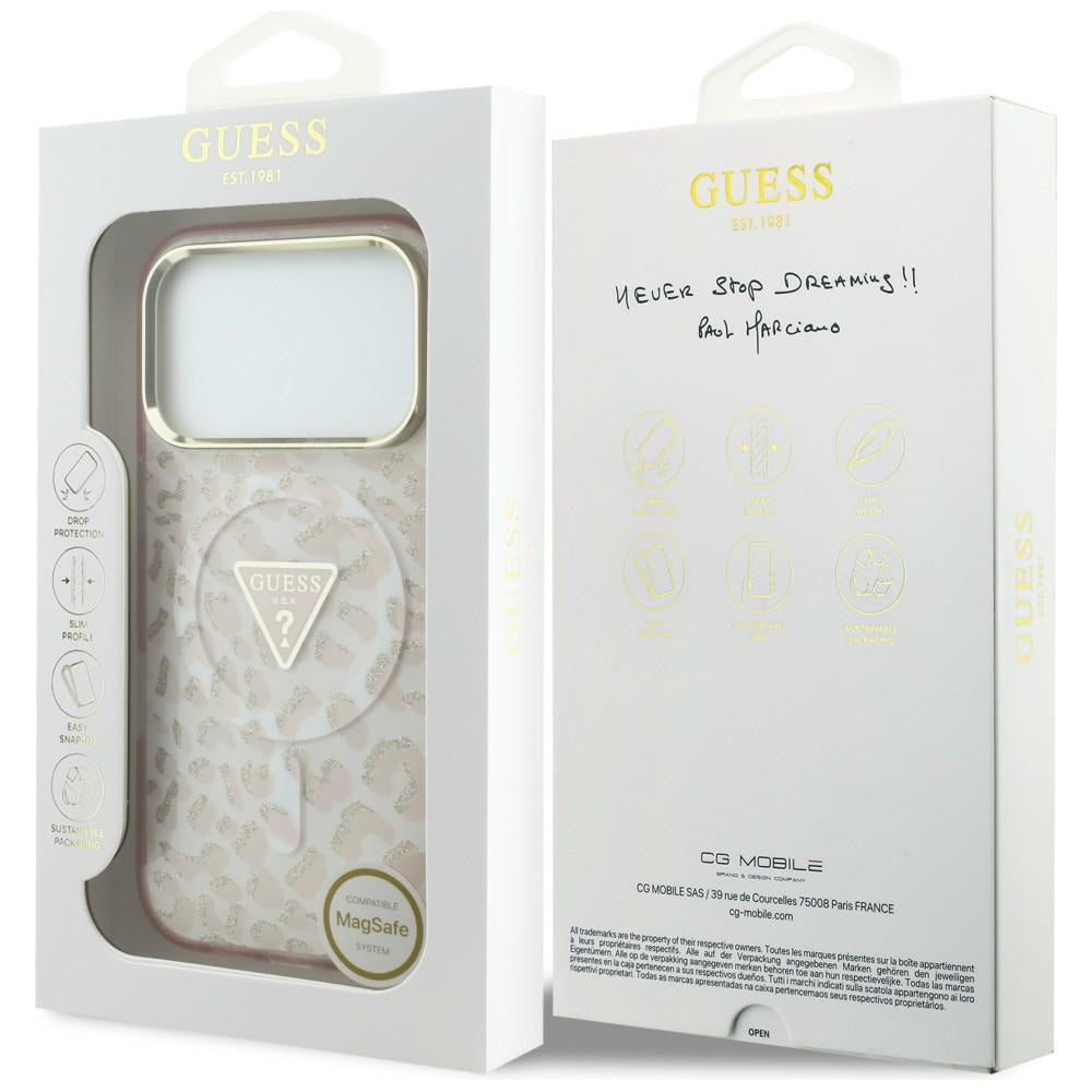 Capa Guess Leopard Glitter Triangle Logo MagSafe - iPhone 17 Pro Max / 18 Pro Max - Rosa