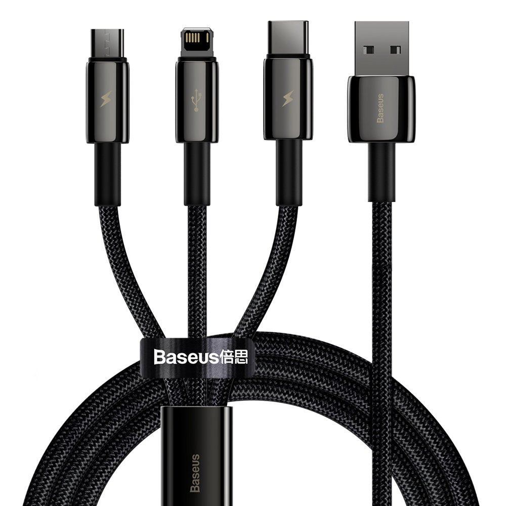 Baseus Tungsten Gold - Cabo 3 em 1 USB para USB-C, Lightning e Micro-USB 3,5A, 1,5m - Preto