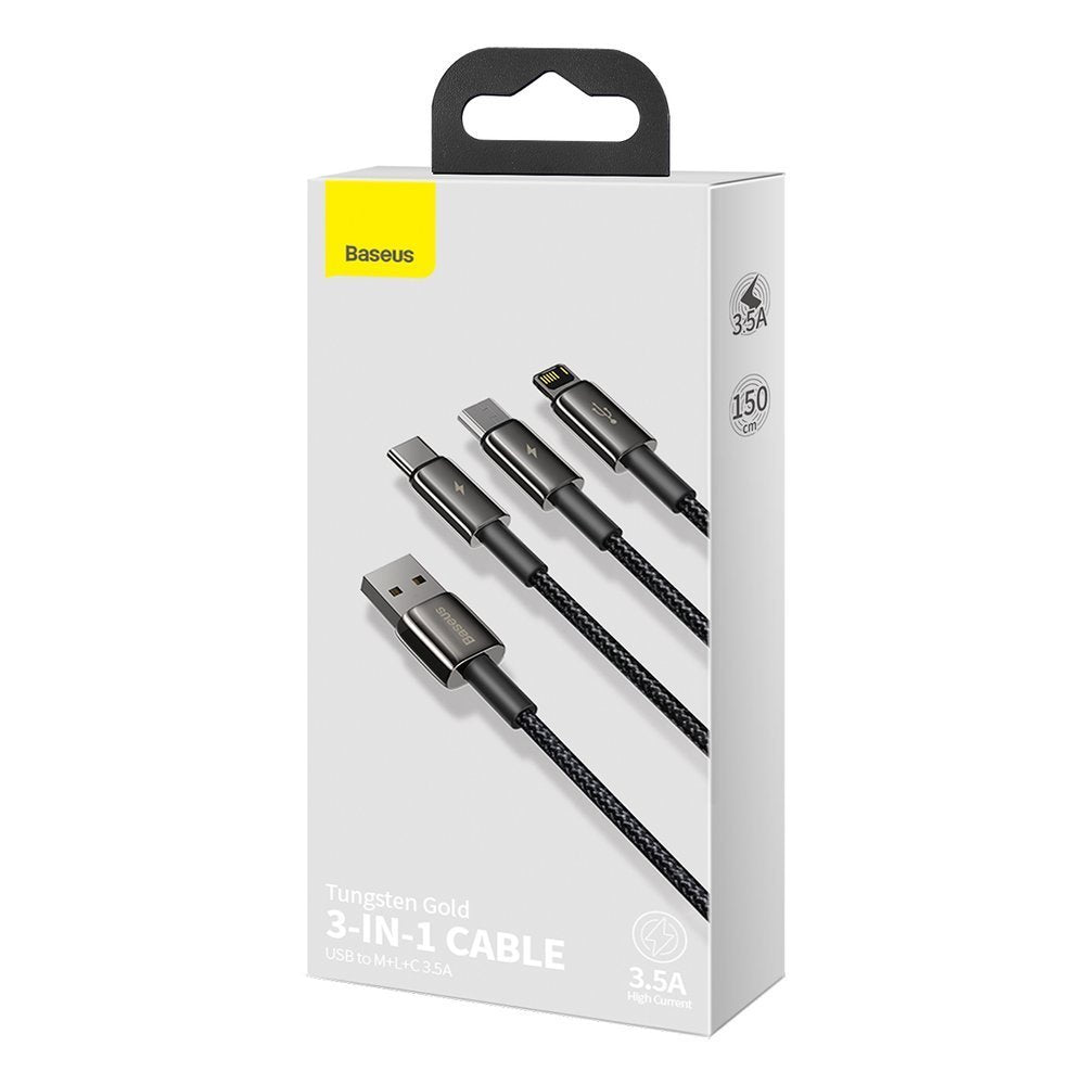 Baseus Tungsten Gold - Cabo 3 em 1 USB para USB-C, Lightning e Micro-USB 3,5A, 1,5m - Preto