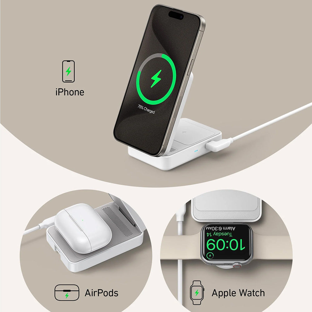 Anker MagGo 3 em 1 - Estação de Carregamento Qi2 15W para Apple, com carregador e cabo USB-C - Branco
