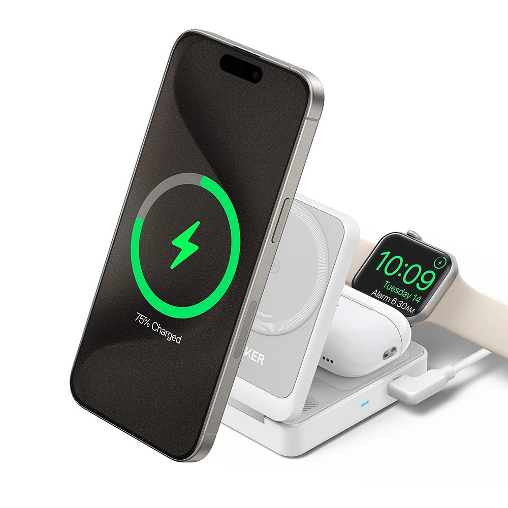 Anker MagGo 3 em 1 - Estação de Carregamento Qi2 15W para Apple, com carregador e cabo USB-C - Branco