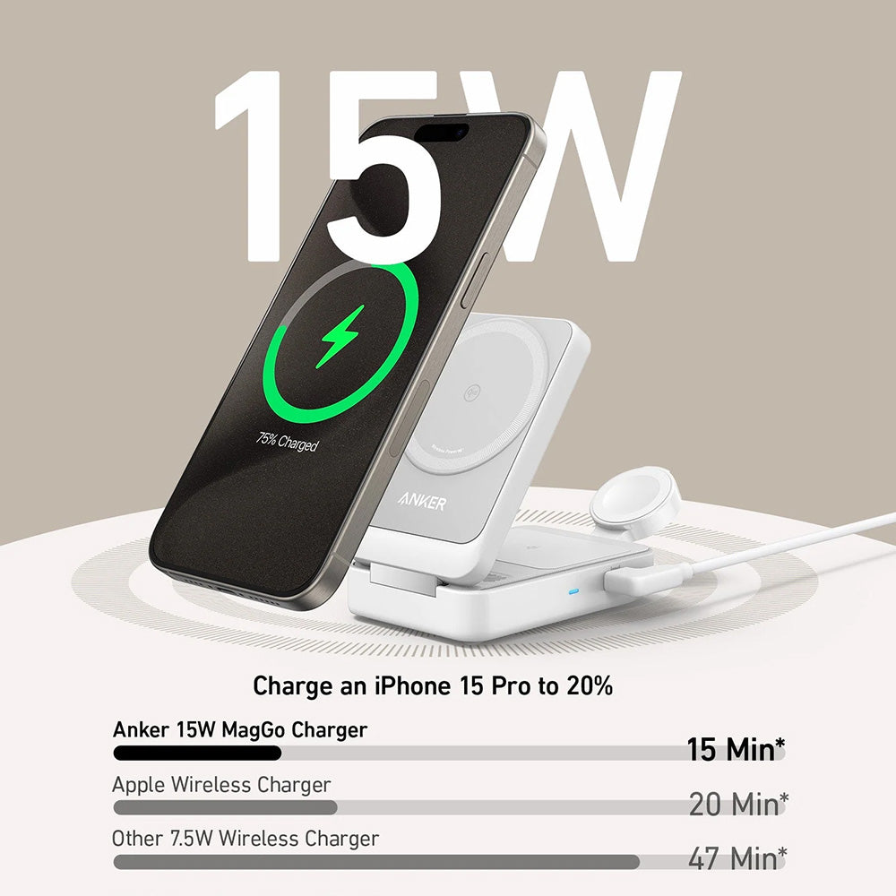 Anker MagGo 3 em 1 - Estação de Carregamento Qi2 15W para Apple, com carregador e cabo USB-C - Branco