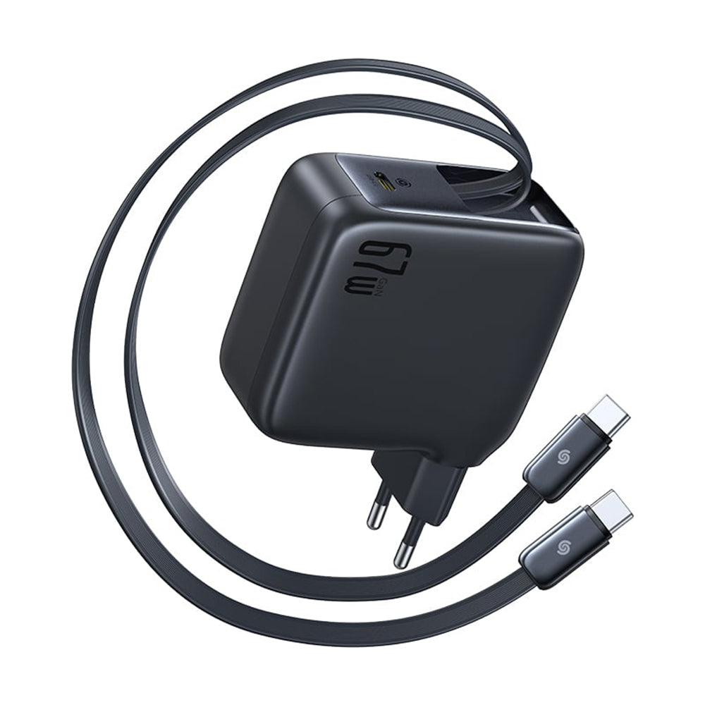 Baseus EnerCore CJ21 - Carregador de Parede 67W com 2 Cabos USB-C Retráteis - Preto