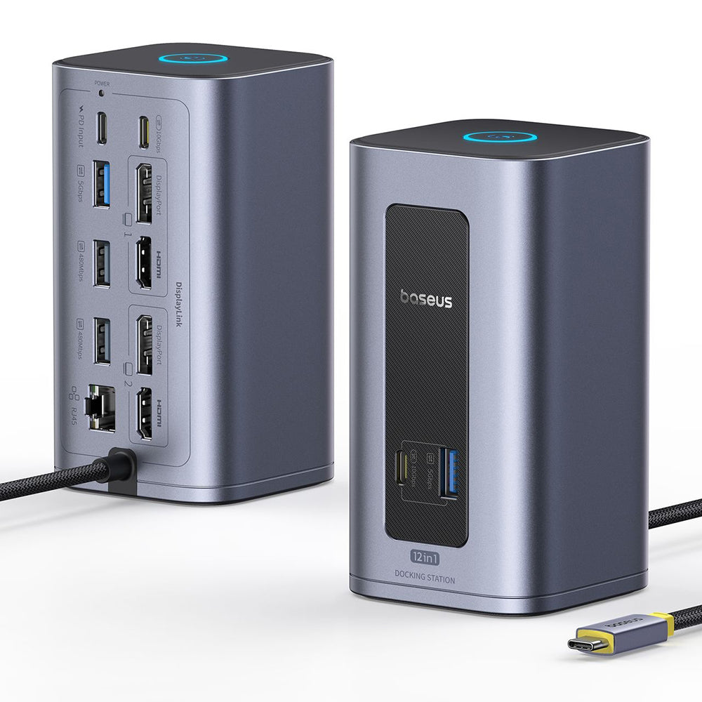 Baseus Nomos NU1 Air - Estação de Ancoragem USB-C 12 em 1, Dois Ecrãs 4K, 100W PD - Cinzento