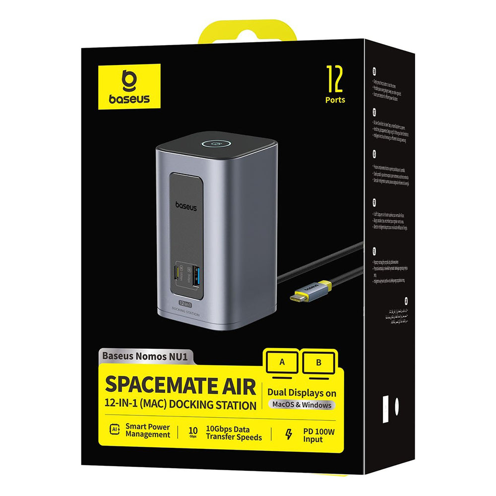 Baseus Nomos NU1 Air - Estação de Ancoragem USB-C 12 em 1, Dois Ecrãs 4K, 100W PD - Cinzento