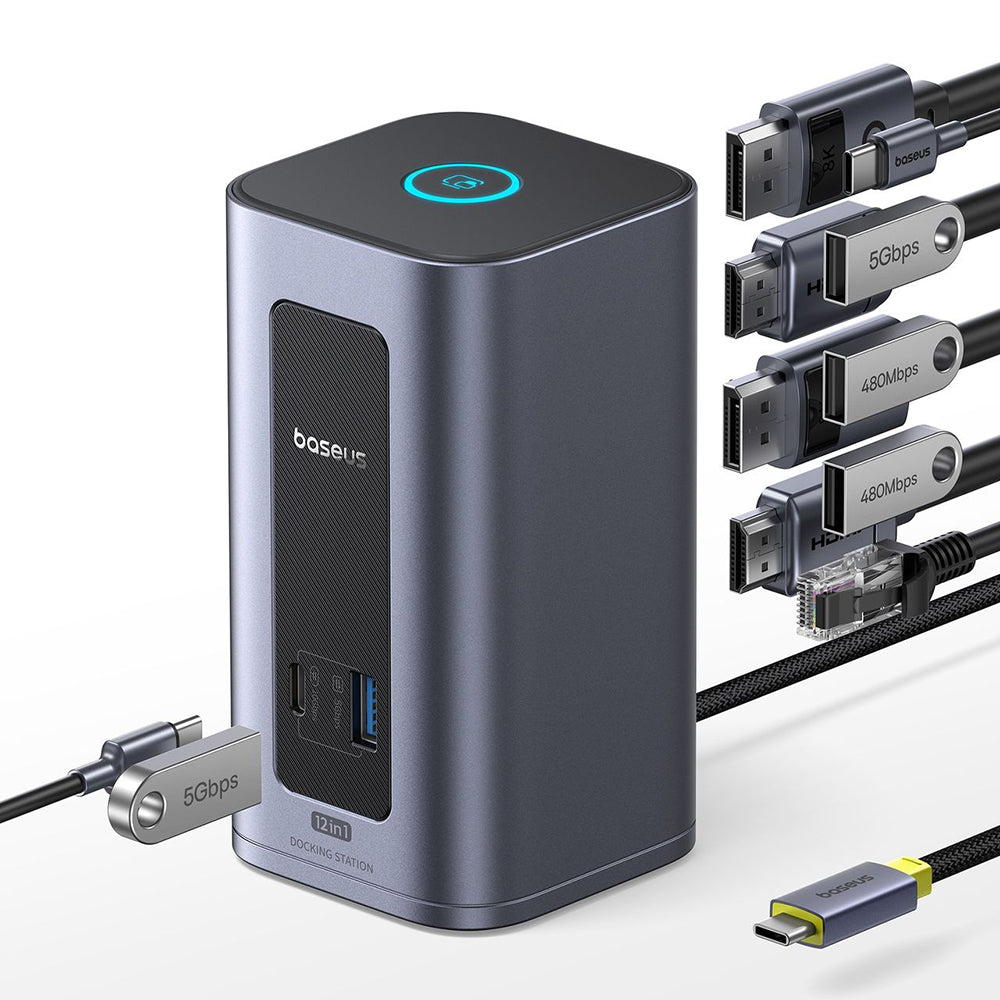Baseus Nomos NU1 Air - Estação de Ancoragem USB-C 12 em 1, Dois Ecrãs 4K, 100W PD - Cinzento