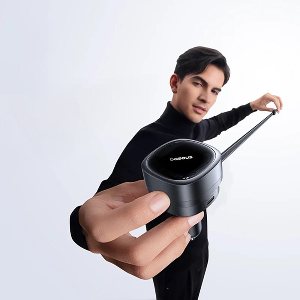 Baseus PrimeTrip VR1 - Carregador de Isqueiro 60W com Cabo USB-C Retrátil, USB-C e USB-A - Preto