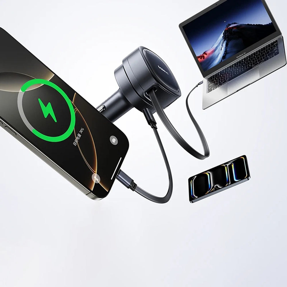 Baseus PrimeTrip VR1 - Carregador de Isqueiro 60W com Cabo USB-C Retrátil, USB-C e USB-A - Preto