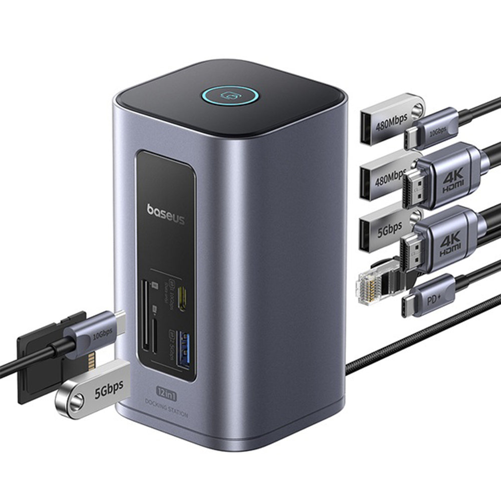 Baseus NU1 Air Spacemate - Estação de Ancoragem USB-C 12 em 1 com 2x HDMI, RJ45 e Leitor SD - Cinzento Sideral