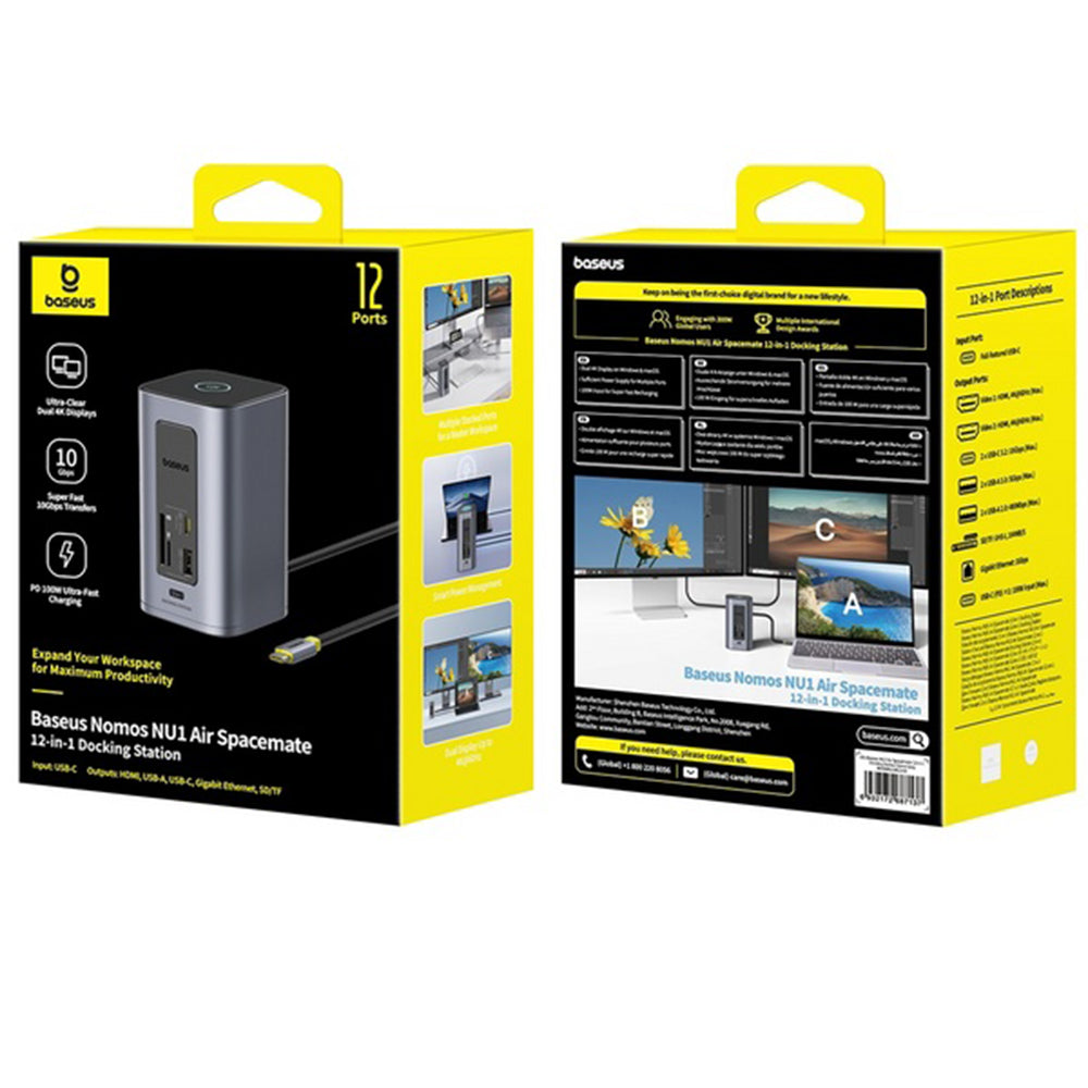 Baseus NU1 Air Spacemate - Estação de Ancoragem USB-C 12 em 1 com 2x HDMI, RJ45 e Leitor SD - Cinzento Sideral