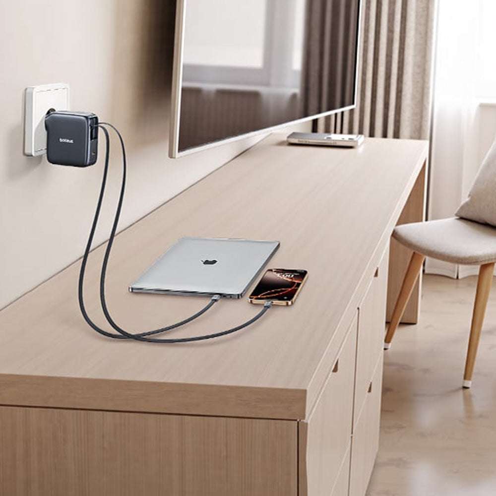 Baseus EnerCore CJ21 - Carregador de Parede 67W com 2 Cabos USB-C Retráteis - Preto