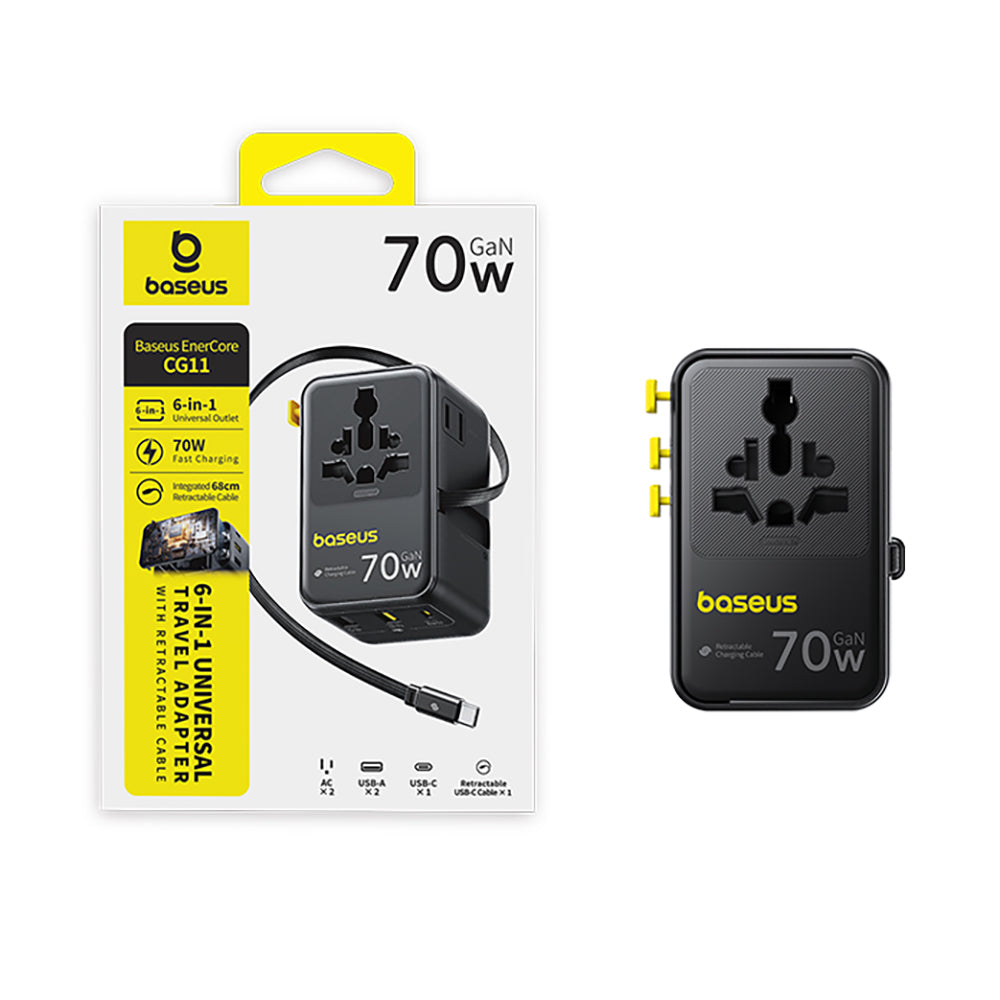 Baseus EnerCore CG11 - Adaptador de Viagem Universal GaN 70W com Cabo USB-C Retrátil - Preto