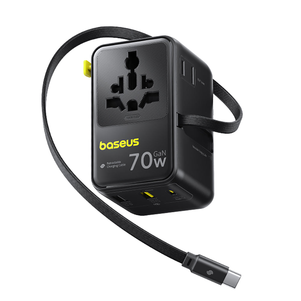 Baseus EnerCore CG11 - Adaptador de Viagem Universal GaN 70W com Cabo USB-C Retrátil - Preto