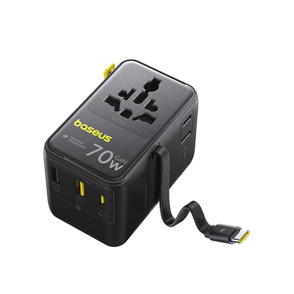 Baseus EnerCore CG11 - Adaptador de Viagem Universal GaN 70W com Cabo USB-C Retrátil - Preto