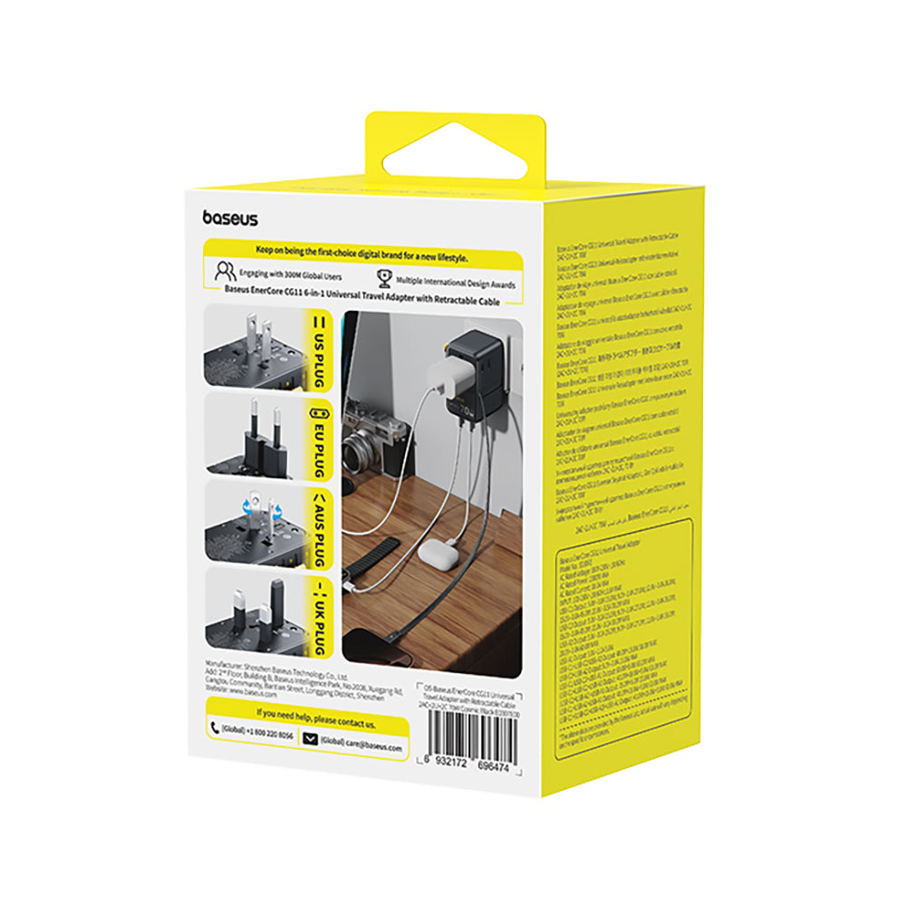 Baseus EnerCore CG11 - Adaptador de Viagem Universal GaN 70W com Cabo USB-C Retrátil - Preto