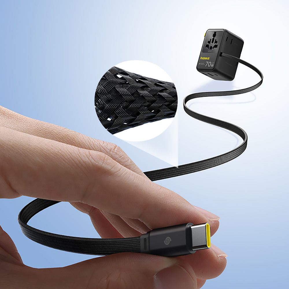 Baseus EnerCore CG11 - Adaptador de Viagem Universal GaN 70W com Cabo USB-C Retrátil - Preto