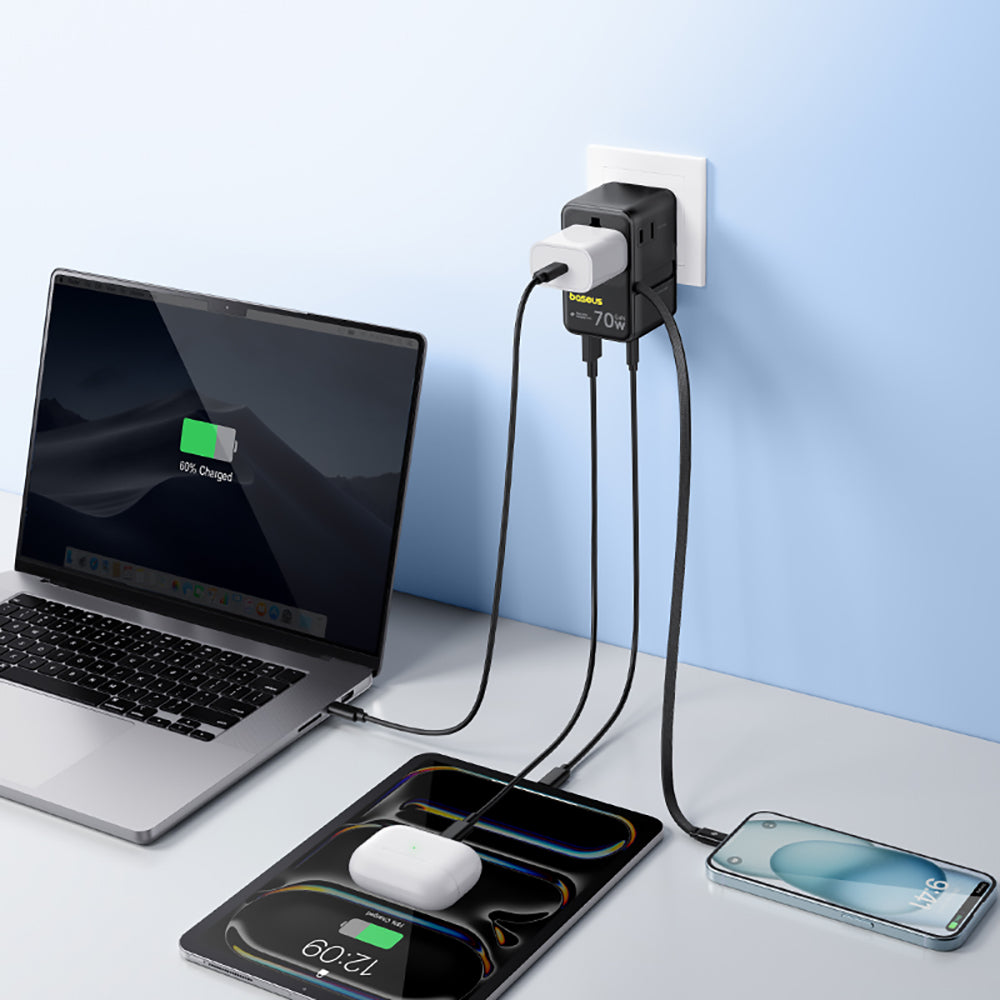 Baseus EnerCore CG11 - Adaptador de Viagem Universal GaN 70W com Cabo USB-C Retrátil - Preto