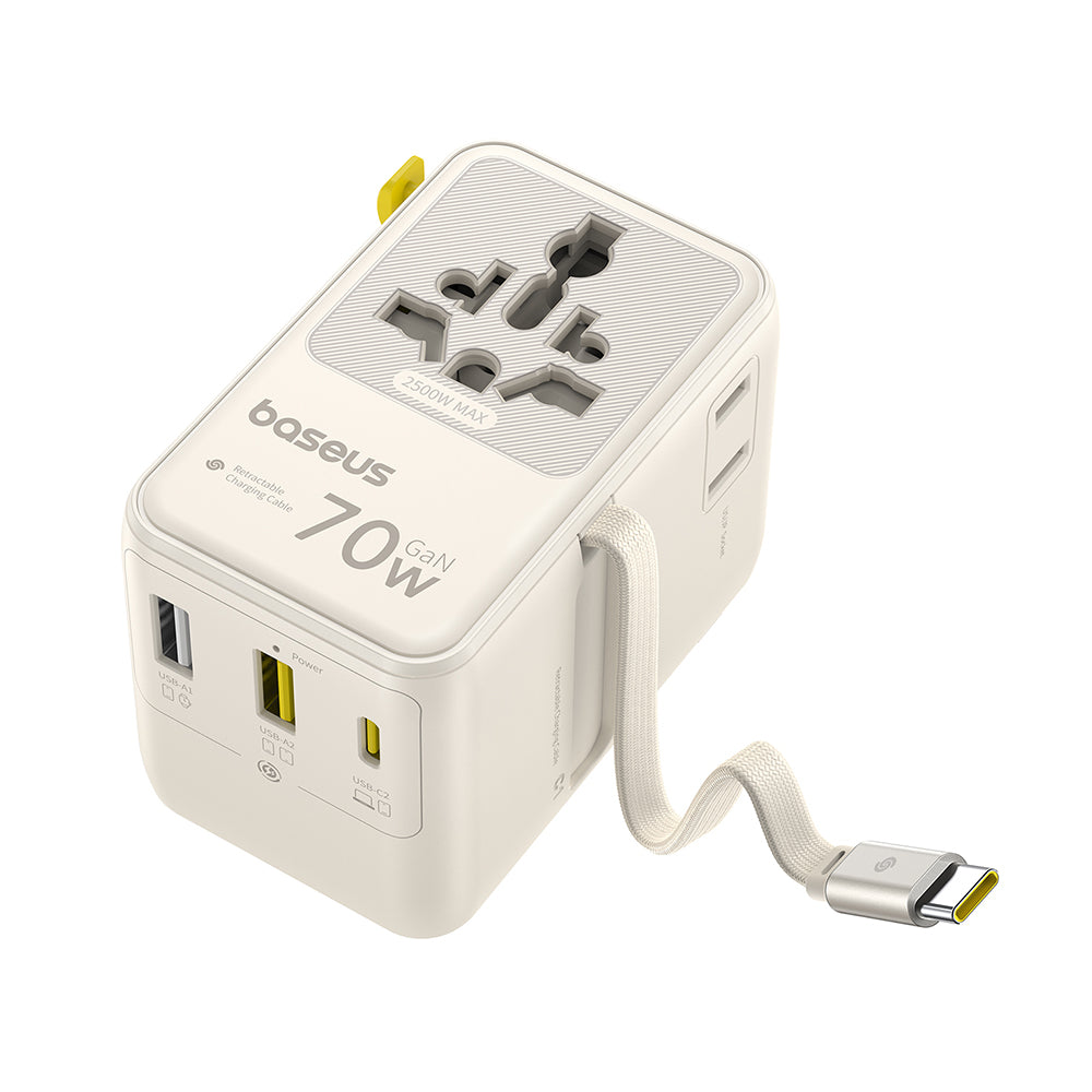 Baseus EnerCore CG11 - Adaptador de Viagem Universal GaN 70W com Cabo USB-C Retrátil - Branco