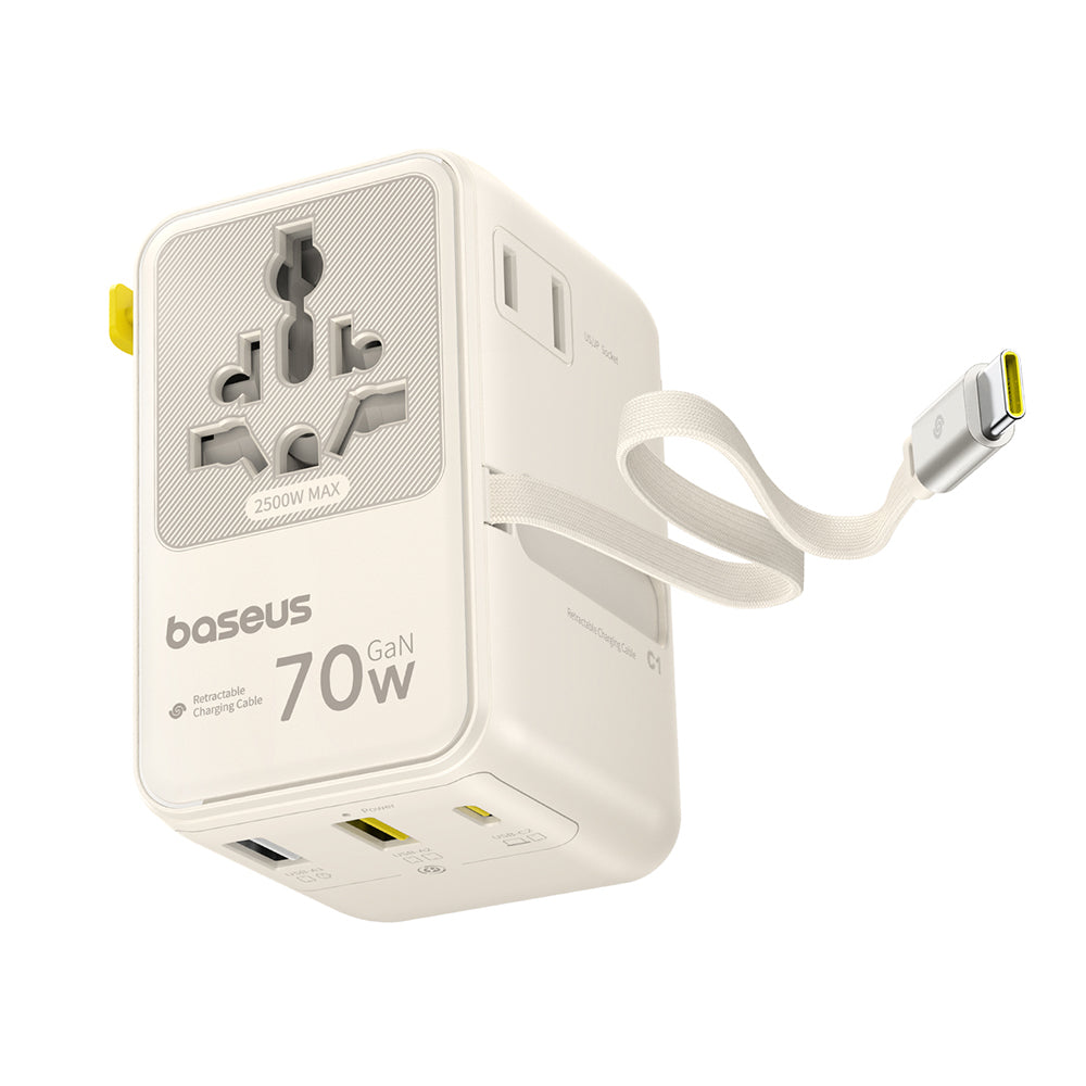 Baseus EnerCore CG11 - Adaptador de Viagem Universal GaN 70W com Cabo USB-C Retrátil - Branco