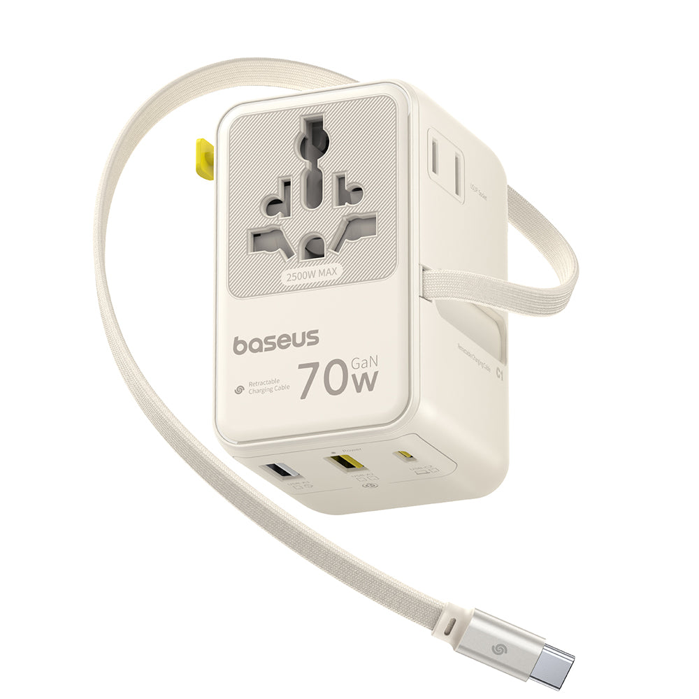 Baseus EnerCore CG11 - Adaptador de Viagem Universal GaN 70W com Cabo USB-C Retrátil - Branco