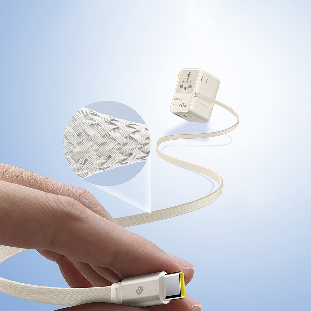 Baseus EnerCore CG11 - Adaptador de Viagem Universal GaN 70W com Cabo USB-C Retrátil - Branco