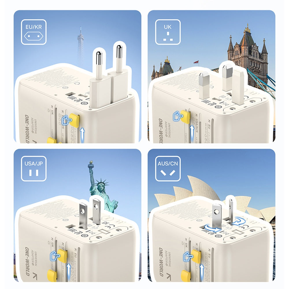 Baseus EnerCore CG11 - Adaptador de Viagem Universal GaN 70W com Cabo USB-C Retrátil - Branco