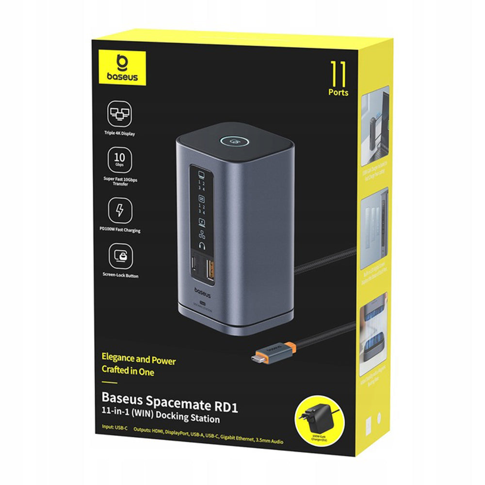 Baseus Spacemate - Estação de Ancoragem USB-C 11 em 1, Três Ecrãs 4K, 10Gbps, 100W PD - Cinzento Sideral