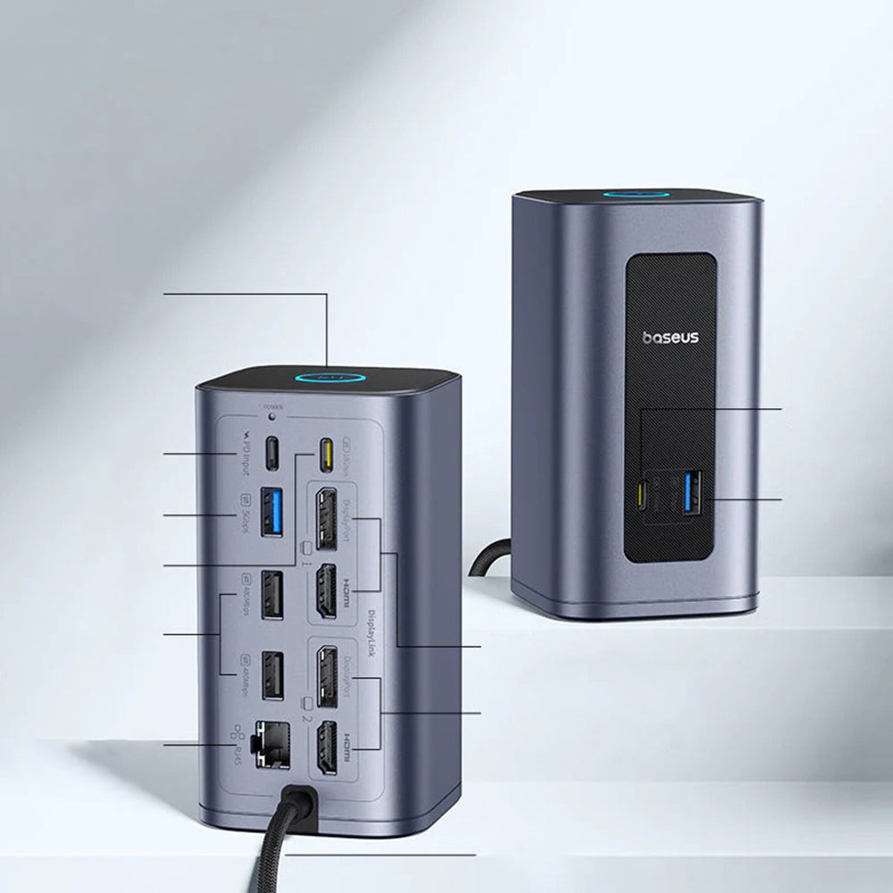 Baseus Nomos NU1 Air - Estação de Ancoragem USB-C 12 em 1, Dois Ecrãs 4K, 100W PD - Cinzento