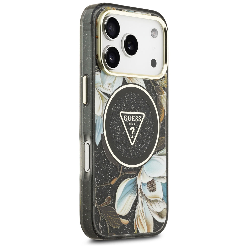 Capa Guess IML Glitter Flowers Triangle MagSafe - iPhone 17 Pro / 18 Pro - Preto