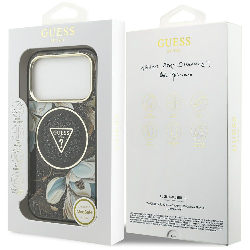 Capa Guess IML Glitter Flowers Triangle MagSafe - iPhone 17 Pro / 18 Pro - Preto
