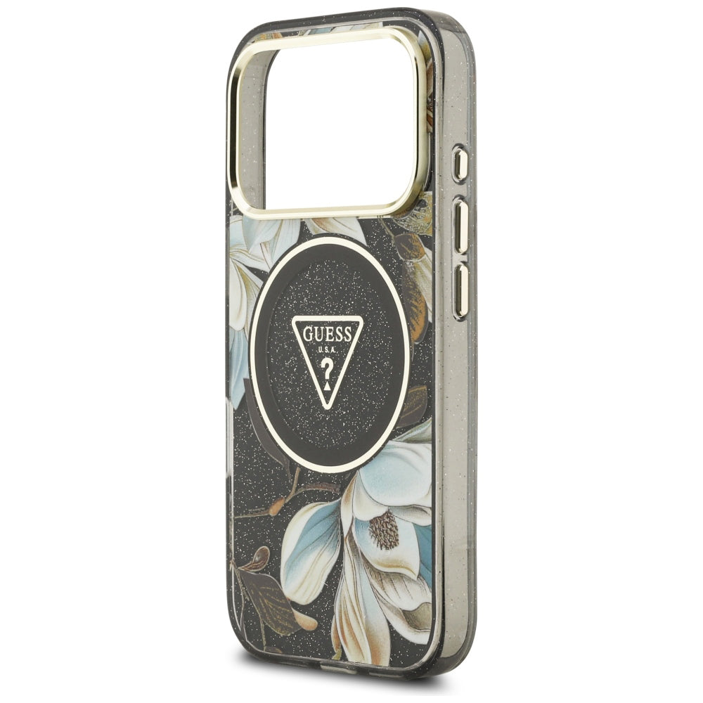 Capa Guess IML Glitter Flowers Triangle MagSafe - iPhone 17 Pro / 18 Pro - Preto