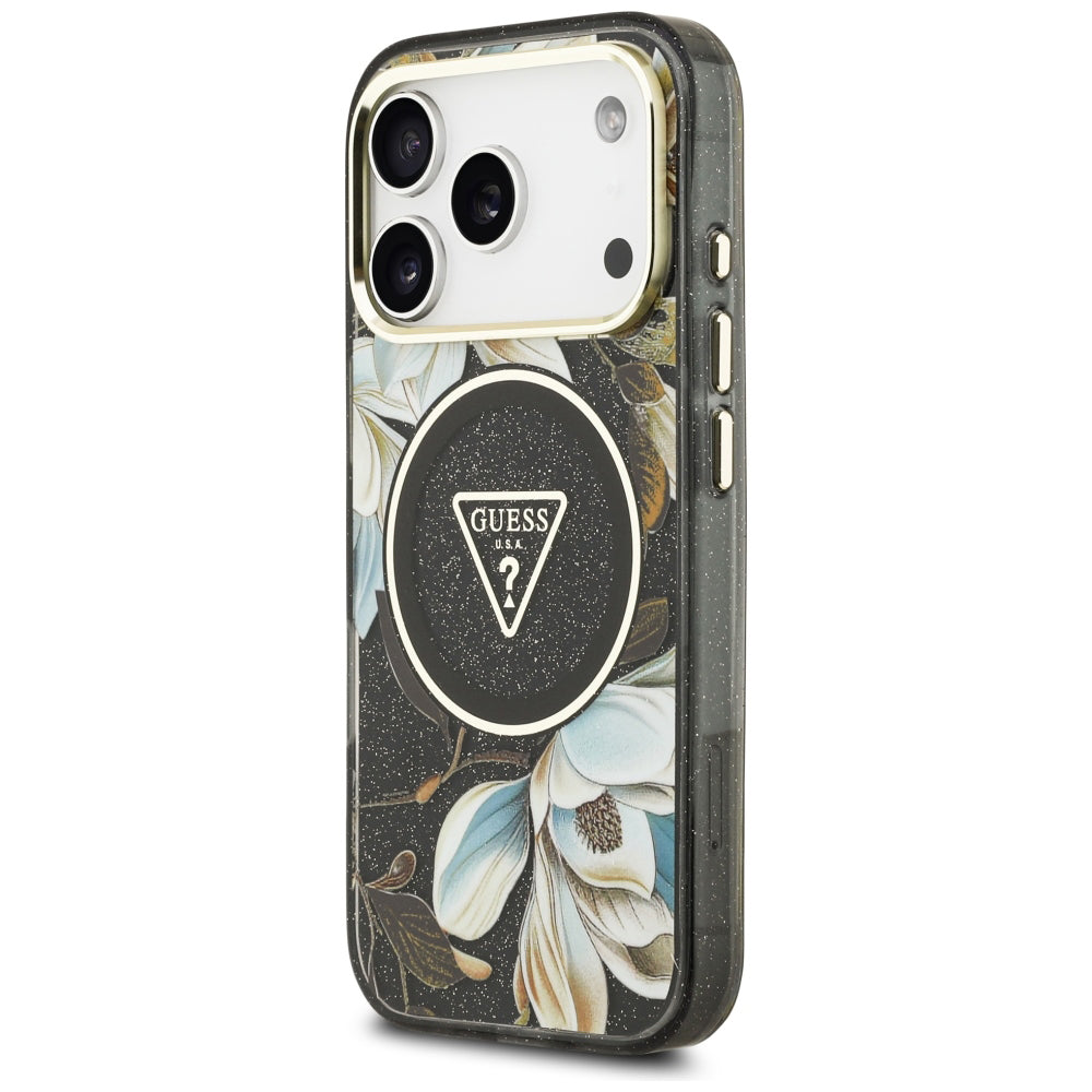 Capa Guess IML Glitter Flowers Triangle MagSafe - iPhone 17 Pro / 18 Pro - Preto