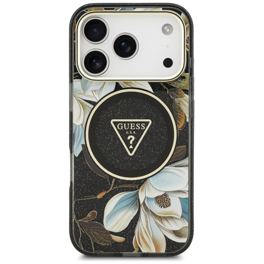 Capa Guess IML Glitter Flowers Triangle MagSafe - iPhone 17 Pro / 18 Pro - Preto