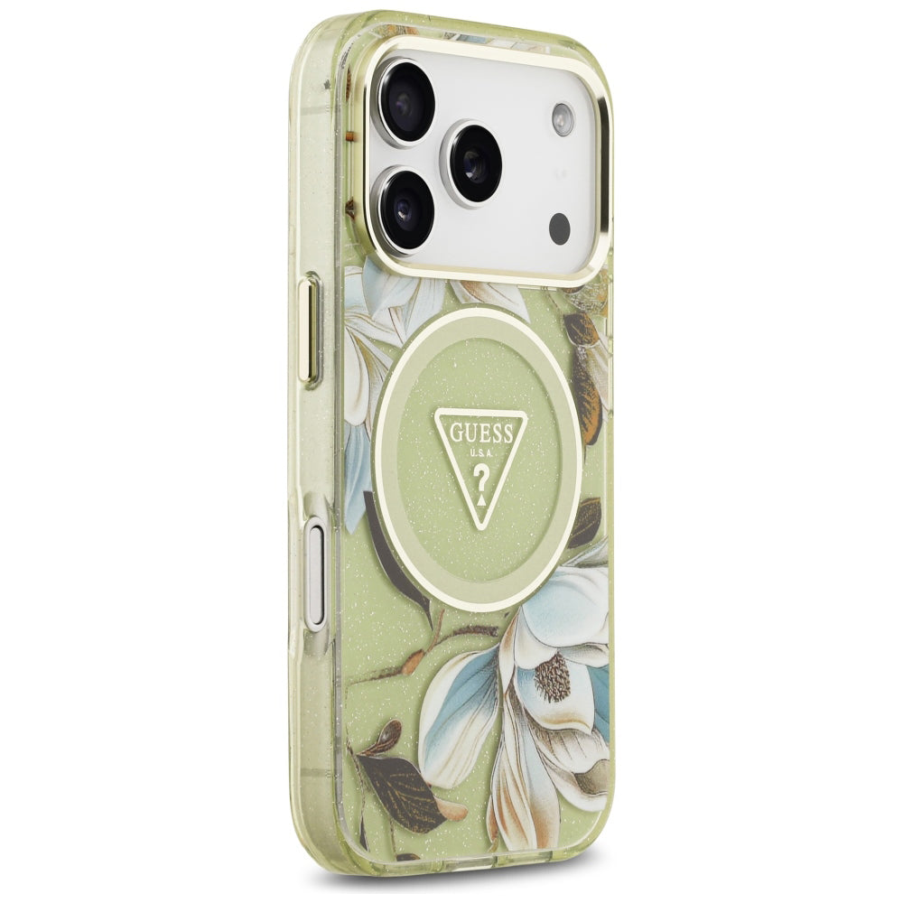 Capa Guess IML Glitter Flowers Triangle MagSafe - iPhone 17 Pro / 18 Pro - Verde