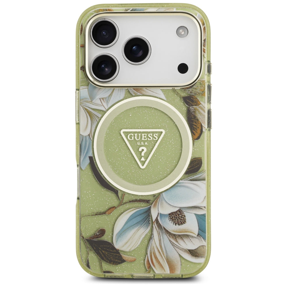 Capa Guess IML Glitter Flowers Triangle MagSafe - iPhone 17 Pro / 18 Pro - Verde