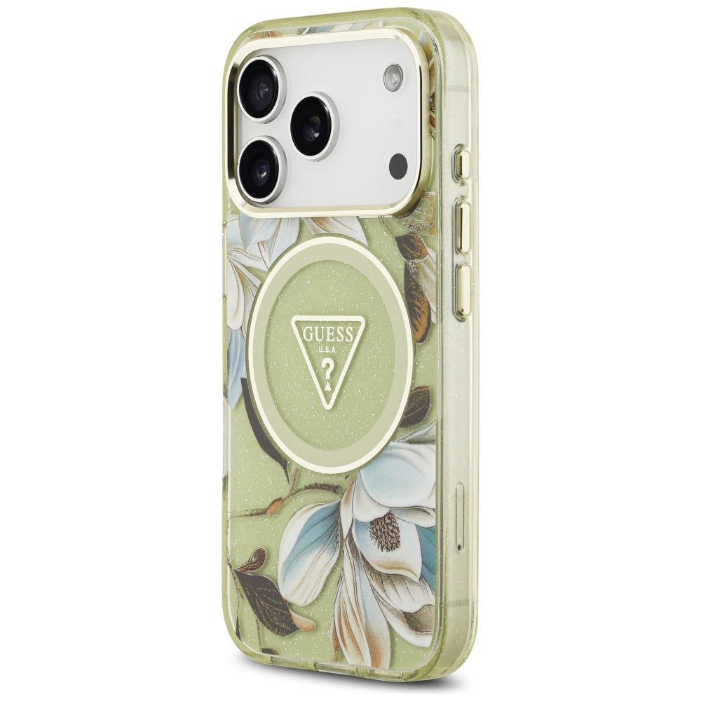 Capa Guess IML Glitter Flowers Triangle MagSafe - iPhone 17 Pro / 18 Pro - Verde
