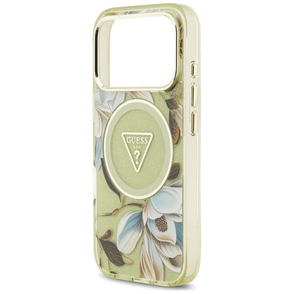 Capa Guess IML Glitter Flowers Triangle MagSafe - iPhone 17 Pro / 18 Pro - Verde