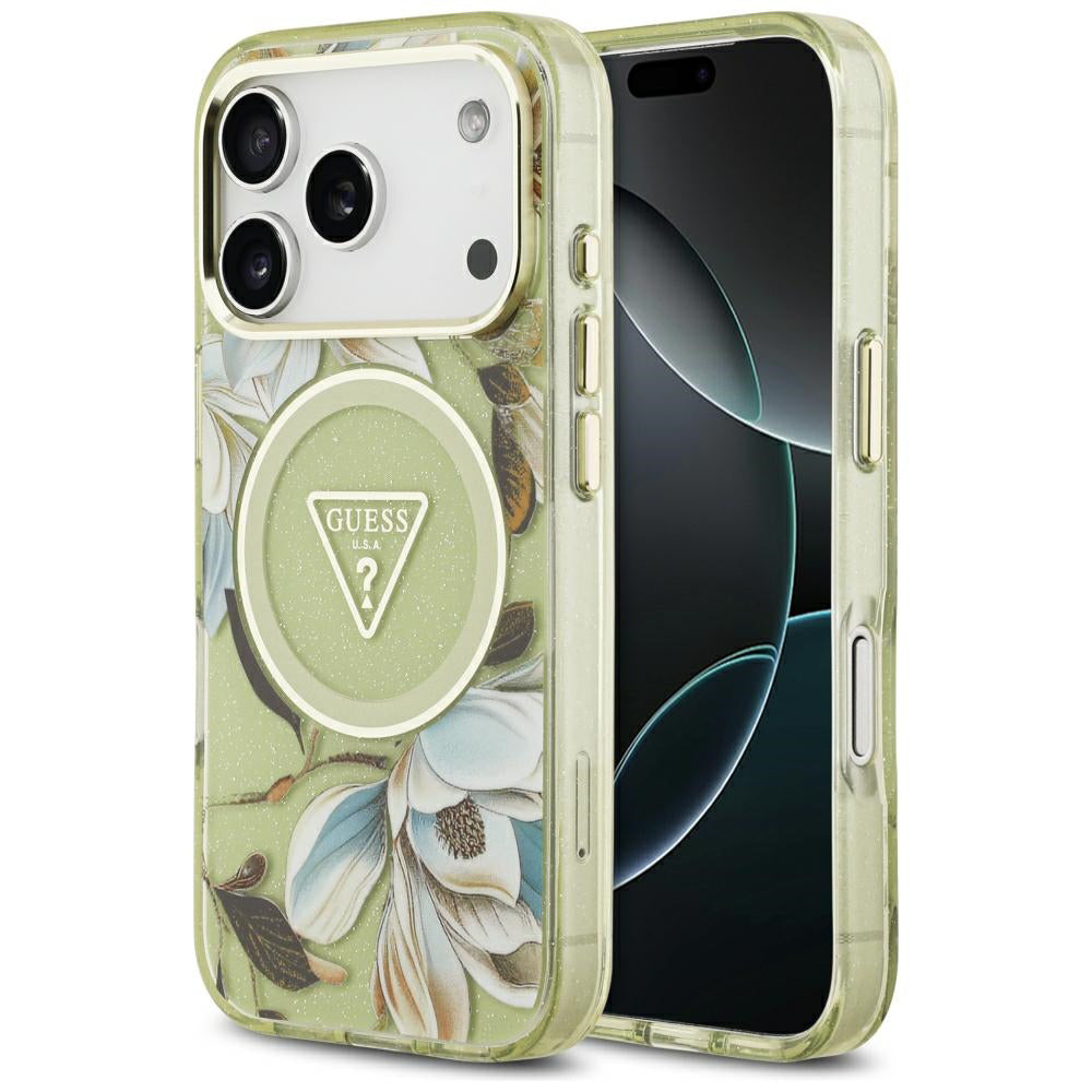 Capa Guess IML Glitter Flowers Triangle MagSafe - iPhone 17 Pro / 18 Pro - Verde