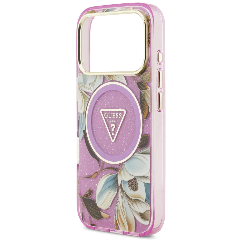 Capa Guess IML Glitter Flowers Triangle MagSafe - iPhone 17 Pro / 18 Pro - Roxo
