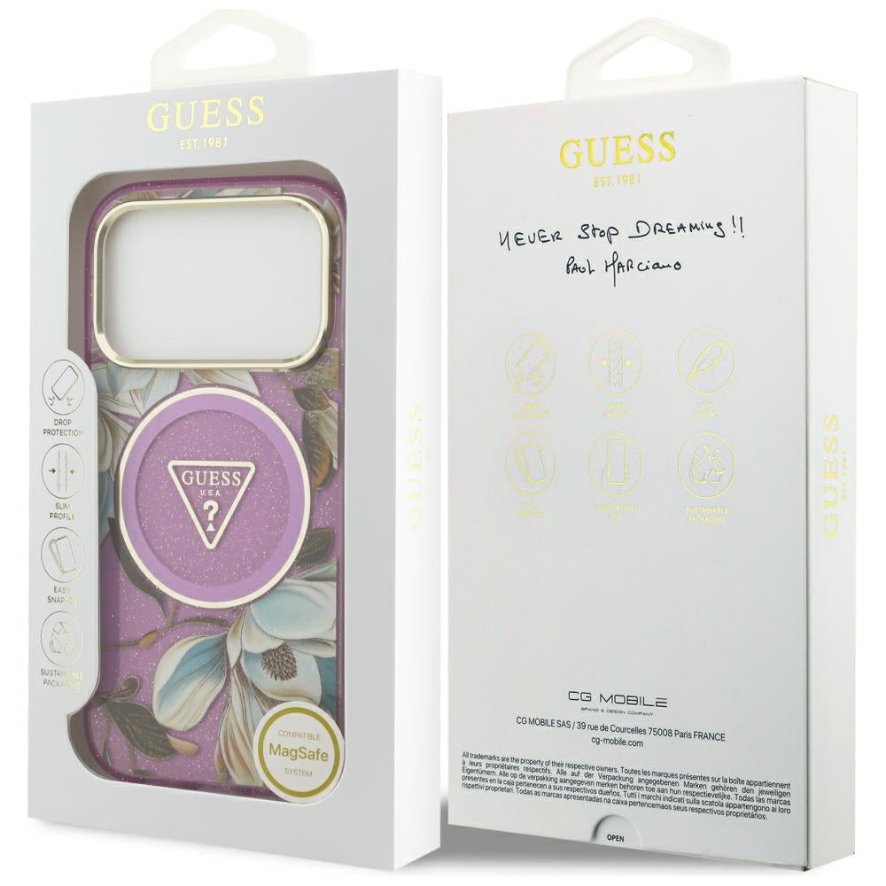 Capa Guess IML Glitter Flowers Triangle MagSafe - iPhone 17 Pro / 18 Pro - Roxo
