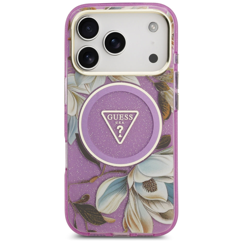 Capa Guess IML Glitter Flowers Triangle MagSafe - iPhone 17 Pro / 18 Pro - Roxo