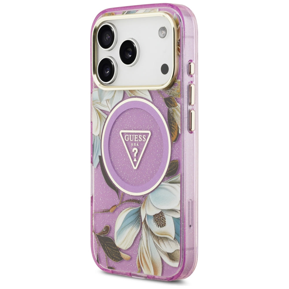 Capa Guess IML Glitter Flowers Triangle MagSafe - iPhone 17 Pro / 18 Pro - Roxo
