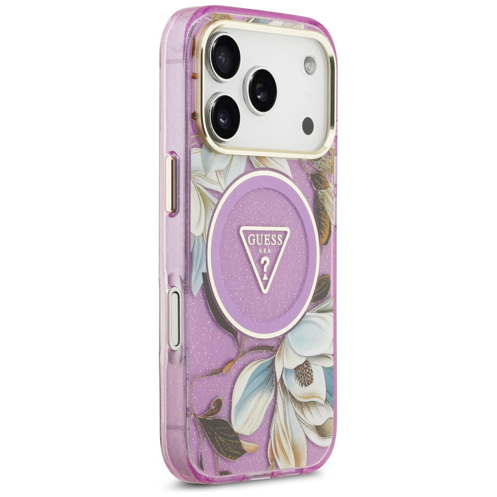 Capa Guess IML Glitter Flowers Triangle MagSafe - iPhone 17 Pro / 18 Pro - Roxo
