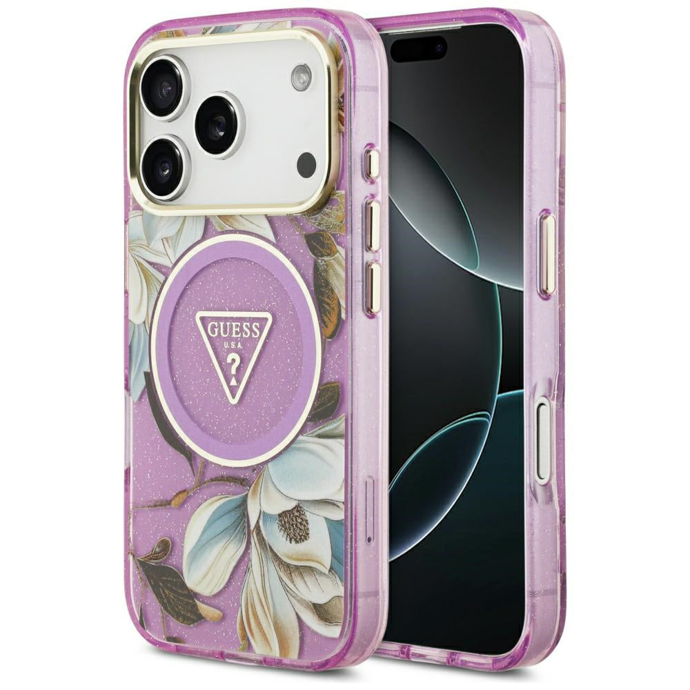 Capa Guess IML Glitter Flowers Triangle MagSafe - iPhone 17 Pro / 18 Pro - Roxo