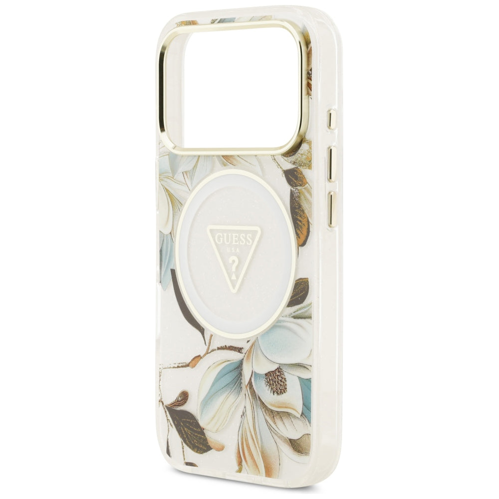 Capa Guess IML Glitter Flowers Triangle MagSafe - iPhone 17 Pro / 18 Pro - Branco