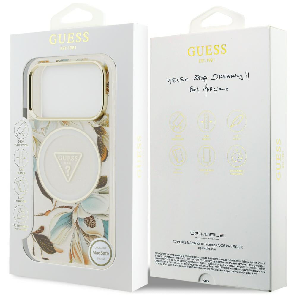 Capa Guess IML Glitter Flowers Triangle MagSafe - iPhone 17 Pro / 18 Pro - Branco
