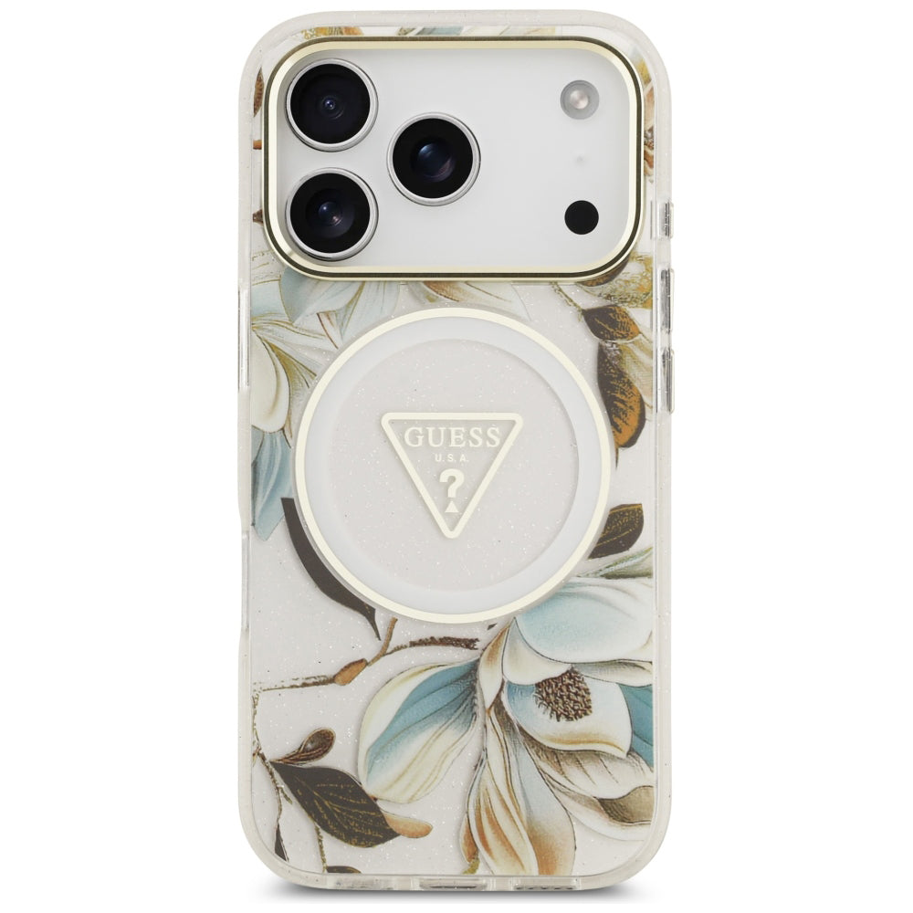 Capa Guess IML Glitter Flowers Triangle MagSafe - iPhone 17 Pro / 18 Pro - Branco