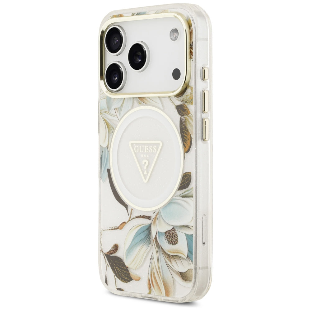 Capa Guess IML Glitter Flowers Triangle MagSafe - iPhone 17 Pro / 18 Pro - Branco